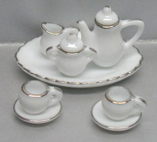 Dollhouse Miniature 10 Pc White/Silver Trim Tea Service-Round